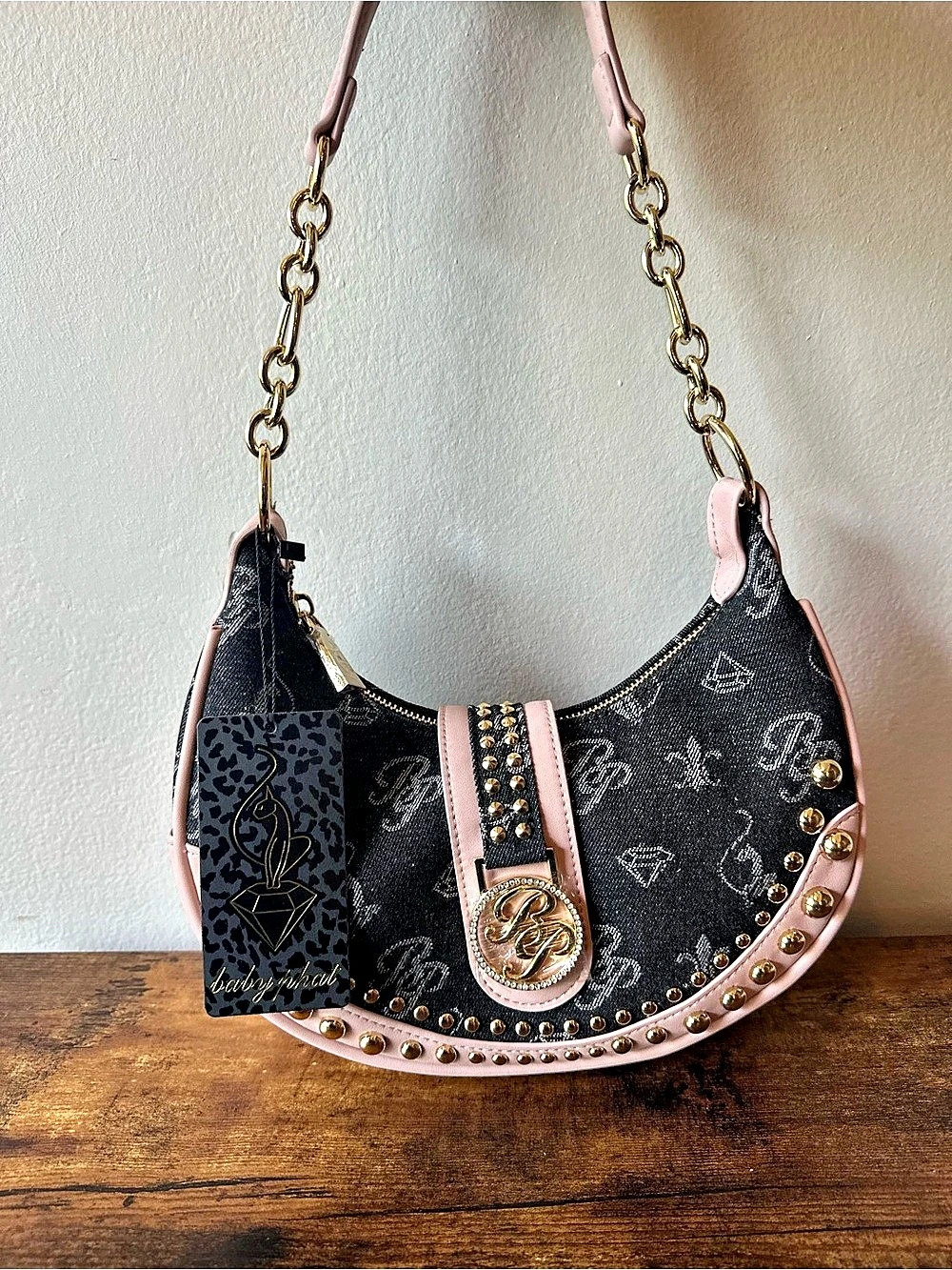 Baby Phat Dark Blue Monogram Denim w/ Pink Studded Shoulder Bag Handbag NWT